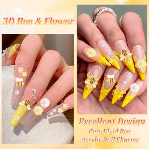 80 Pcs 3D Flower Nail Charms, Cute Bee Daisy Flowers Charms for Acrylic Set-2