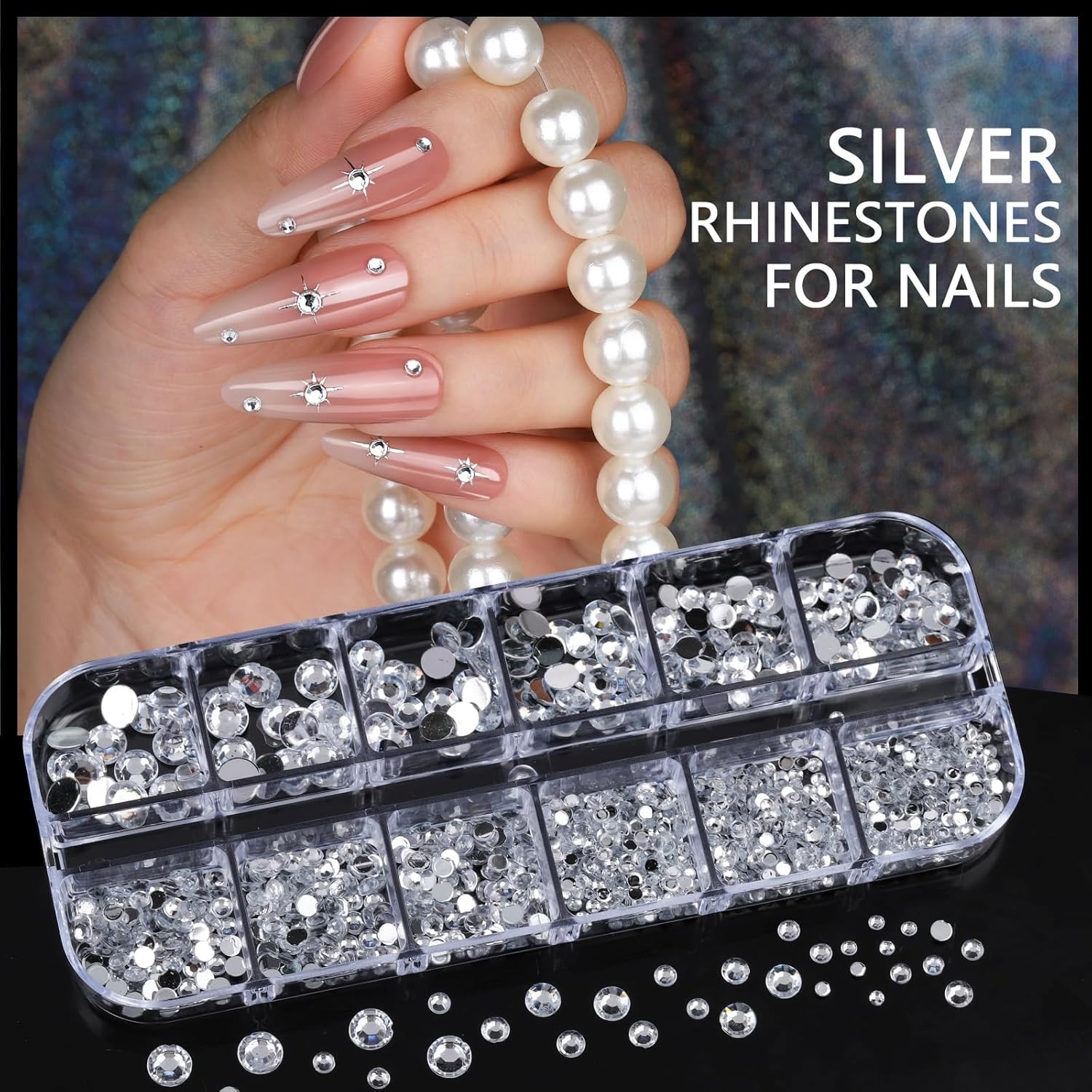Teenitor Silver Nail Charms & Gems Kit: Y2K, Rhinestones, Stickers, Pearls