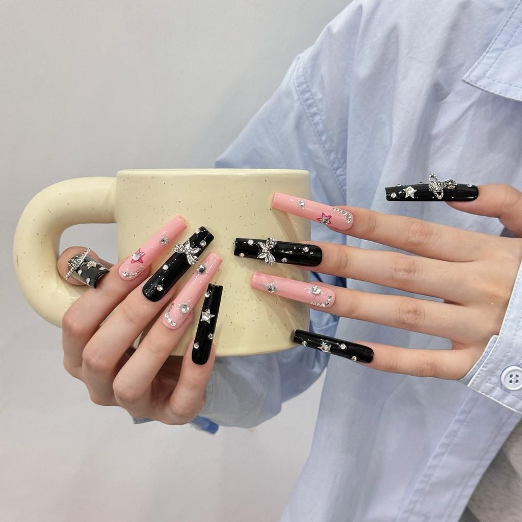 Handmade Press On Nail Black Pink 3D Silver Planet Diamond Star Luxury Fake Nail