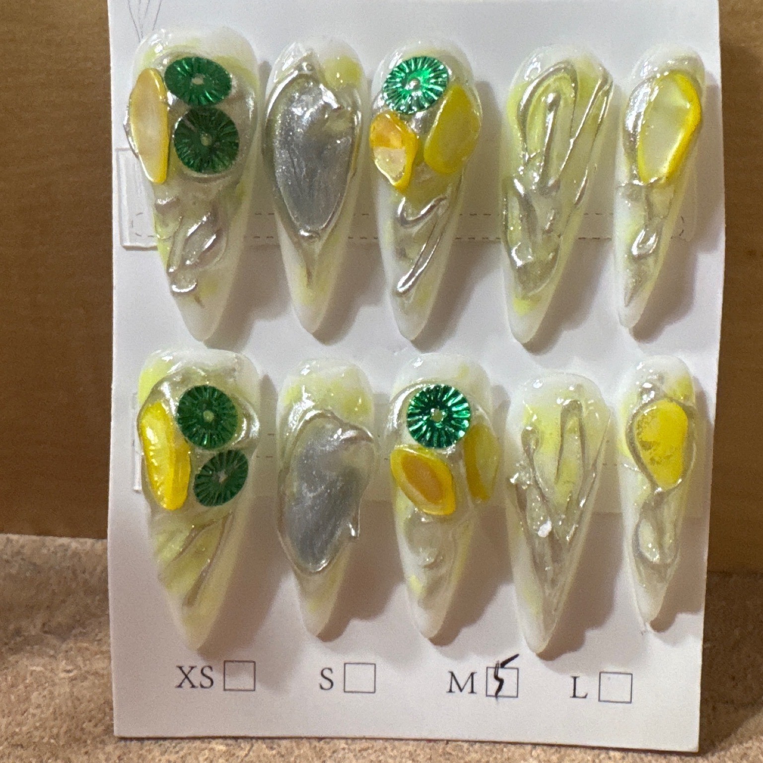 Handmade 3D Chrome Citrus Press On Nails Long Stiletto Yellow Green Silver S M
