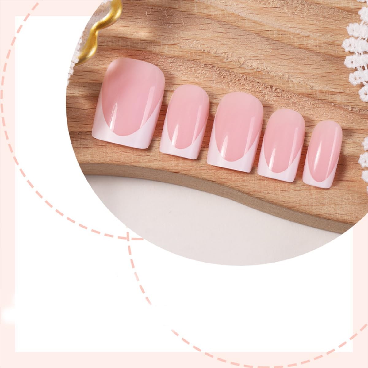White French Tips Press on Nails Short Square Pink False Nails Summer Glossy …