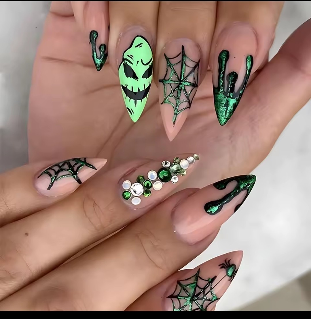 24pcs Halloween False Nails Glow in the Dark Ghost Spider Printed Press on Nail