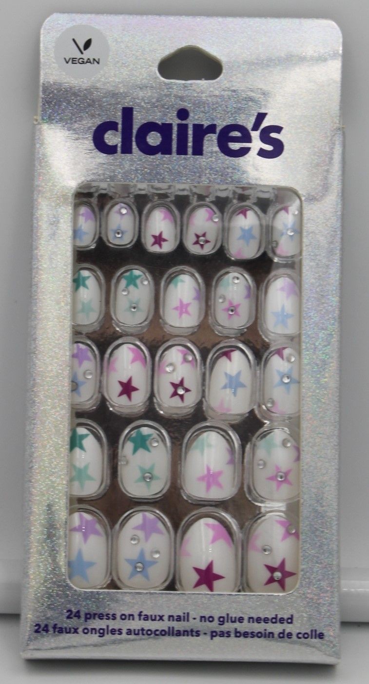 Claires Press On Nails Womens 24 White Stars Rhinestone Self Adhesive Vegan NEW