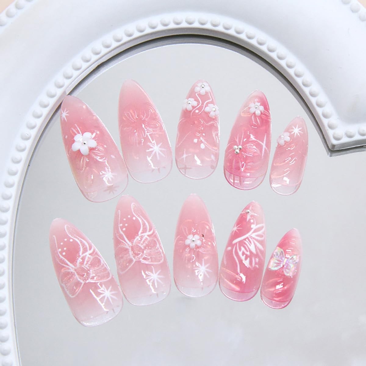 24Pcs Flower Press on Nails Medium Almond Fake 3D Almond, Pink