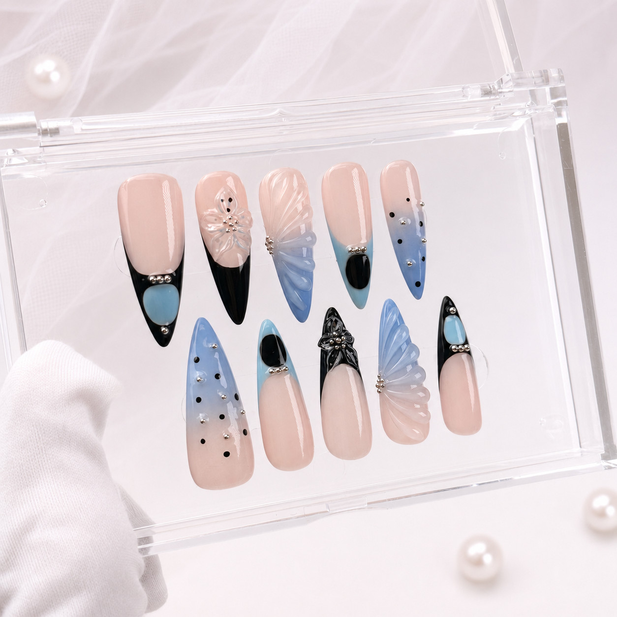 Long Stiletto Press On Nails Blue Black French Tip Butterfly Rhinestone Nail Set