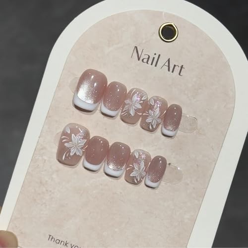 Handmade White French Press-On Nails Short Square with Flower Designs – Pink Spa