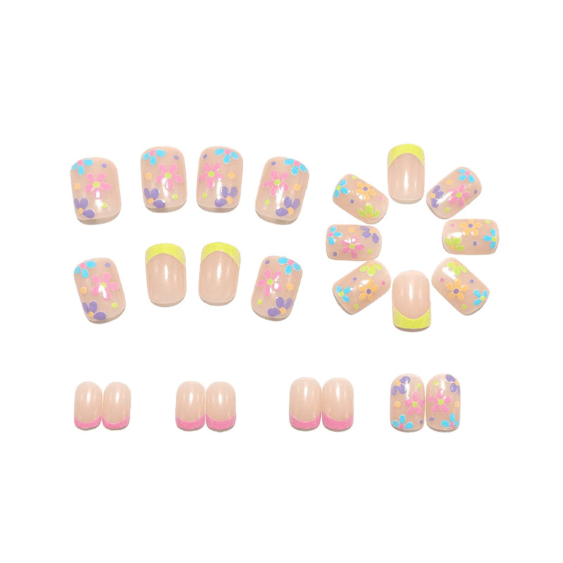 48 Pcs Pastel Floral Color French Short Square Press on Nails, Soft Fake Nails