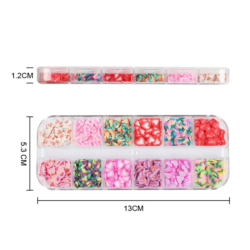 12 Grids Nail Art Mixed Heart LOVE Slices Polymer Clay Flakes DIY Nails Decora