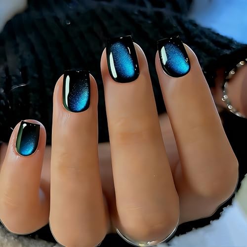 Cat Eye Press on Nails Short – Blue Black Press On Nails square black blue
