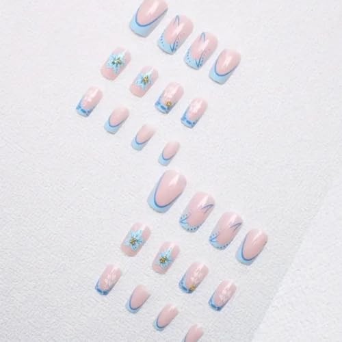 Set of 24 Short Square Fake Blue French Tip Nails – 6 Pieces