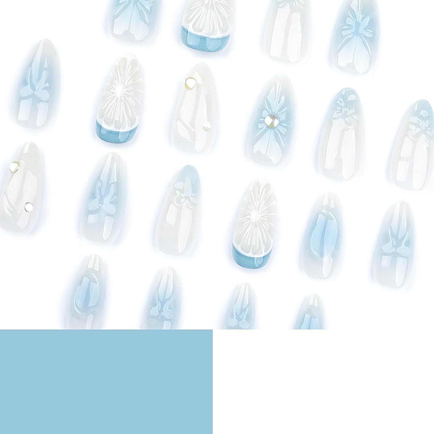 Medium Press on Nails Almond Fake Nails with 3D Lemon Design Blue Ombre Full …