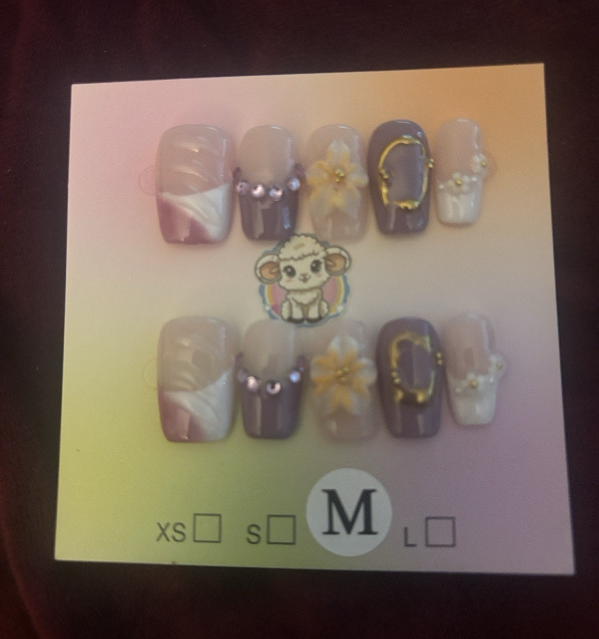 Press-On Nails Set Purple/White/Beige/Gold 3D Bunny Medium Square Acrylic