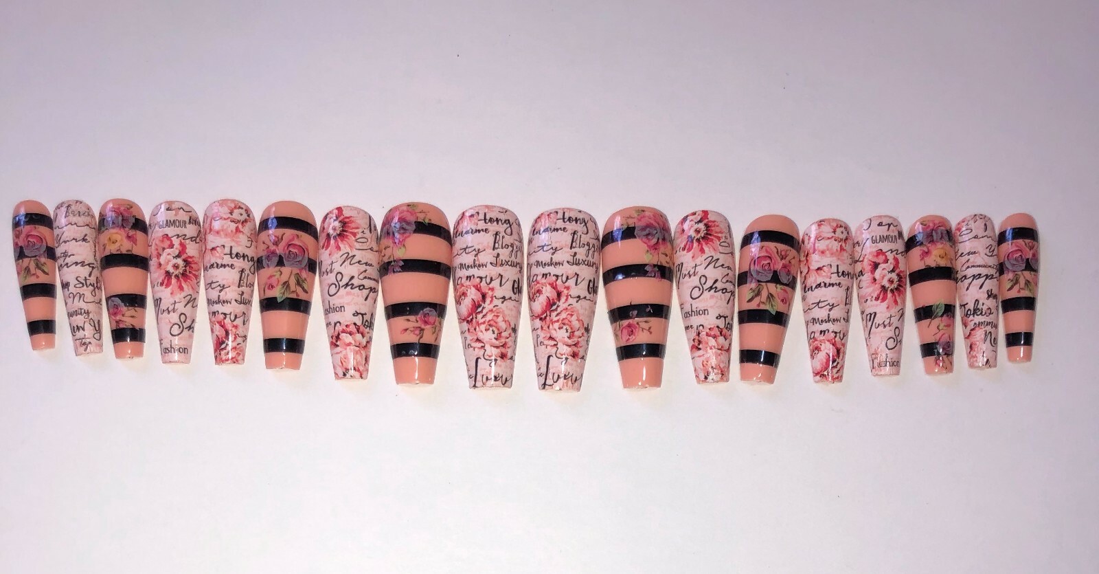 Press on nail set- Black stripes & Roses- (Set of 18 sizes 0-8)