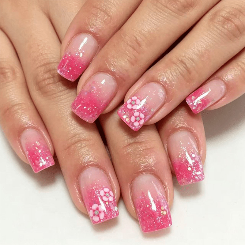 48Pcs Short Square Nails, Pink Gradient & Hand Painted Flowers, Sweet Style