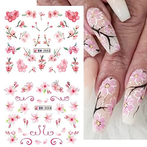 Pink Flower Nail Art Sticker Sakura Water Transfer Nail Stcikers Decal Nail