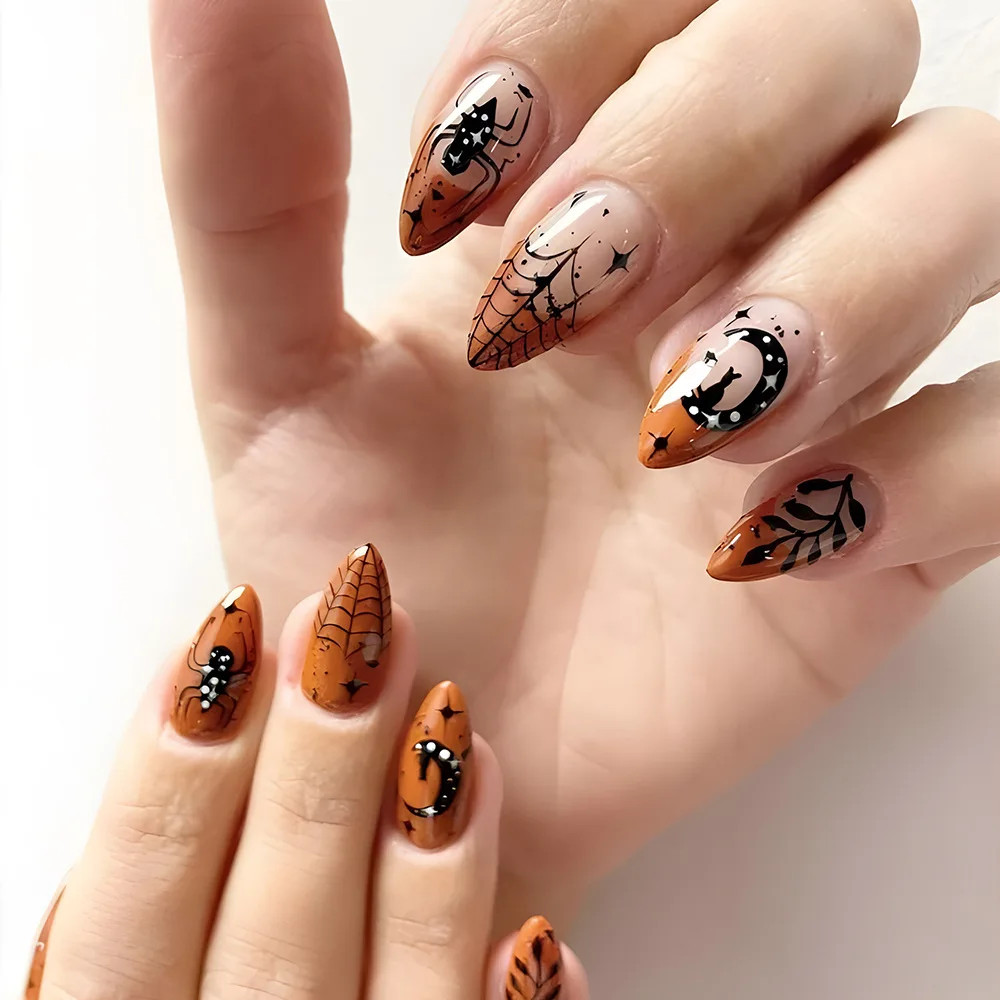 24pcs Halloween Spider Gothic Short Round Press On Nails