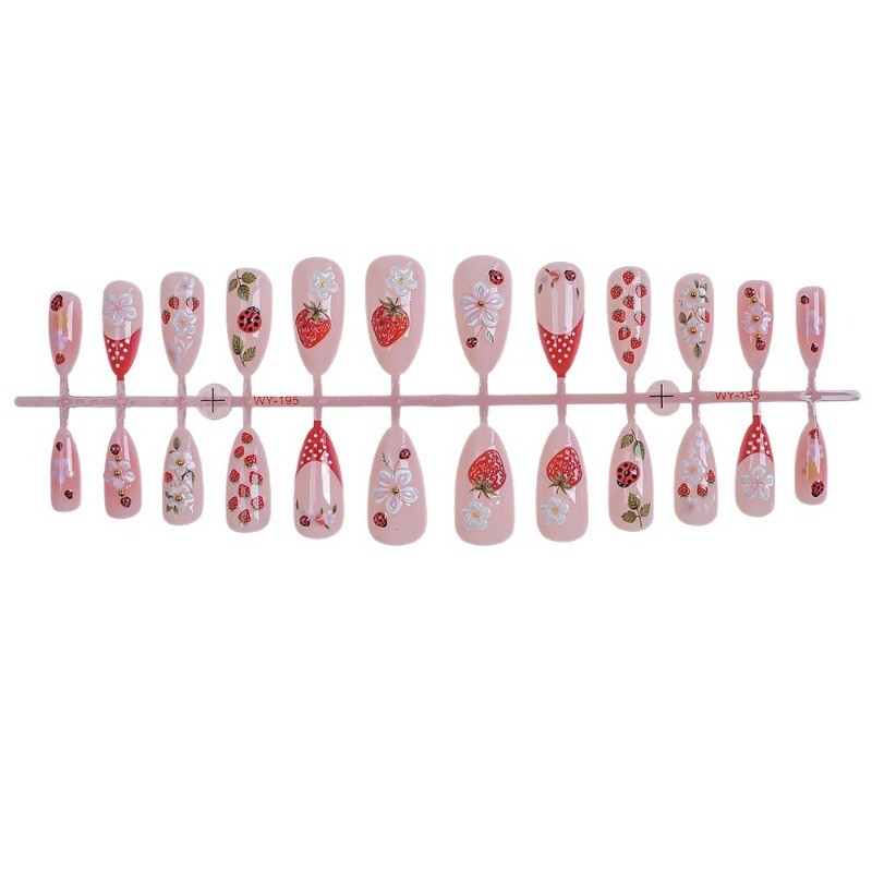 48Pcs-Long Almond Nude Hand Painted Strawberry Ladybug Flower Press on Nails