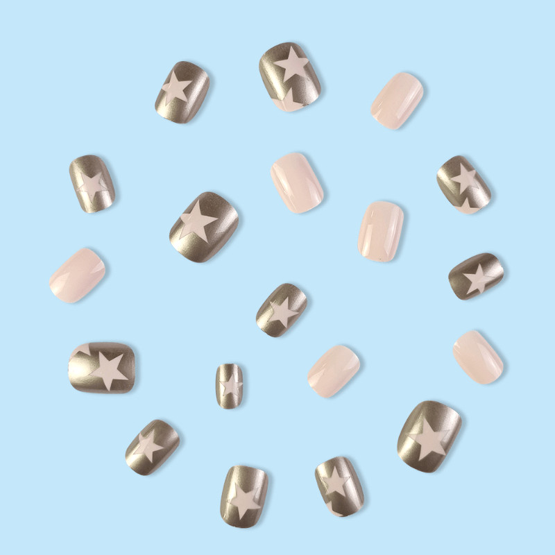 48pcs Short Almond Press on Nails, Nude Silver Mirror Star Casual Daily Nails