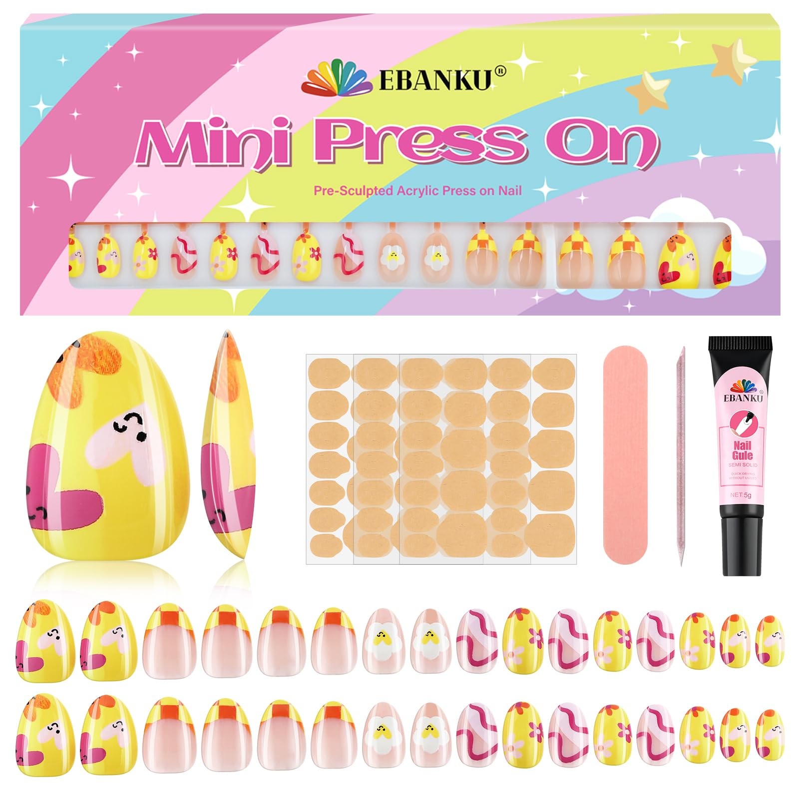 EBANKU 32 Pieces Kids Stick On Nails Girls, Fake Set Self Adhesive C/1P