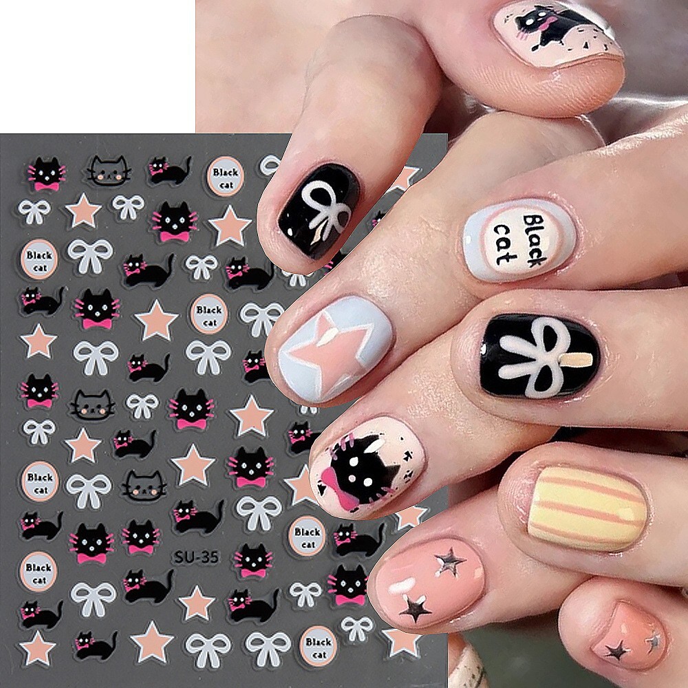3D Cartoon ANIMAL Black Cat KITTEN Bow-knot Star NAIL ART STICKERS Su35 NH28