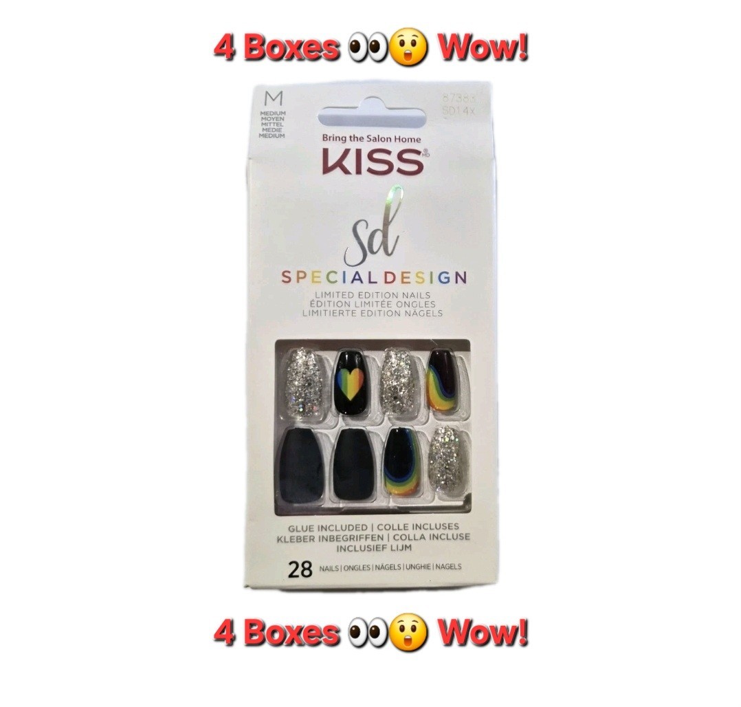 4 Boxes Kiss Special Design Glue-On Black Medium Length Rainbow Nails