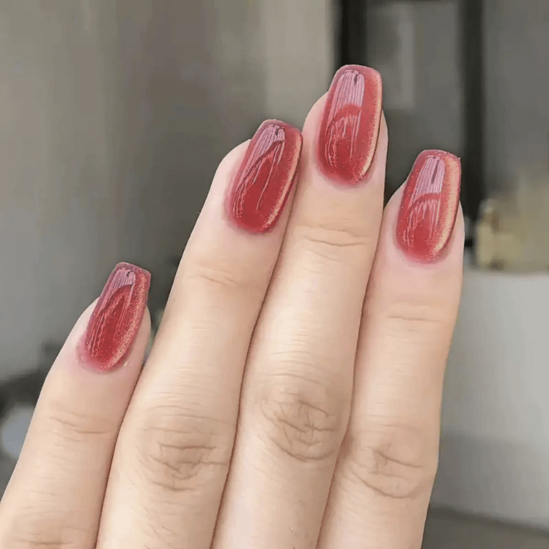 48 Pcs Wine Red Cat Eye Short Square Press on Nails, Bright Elegant Fake Nails