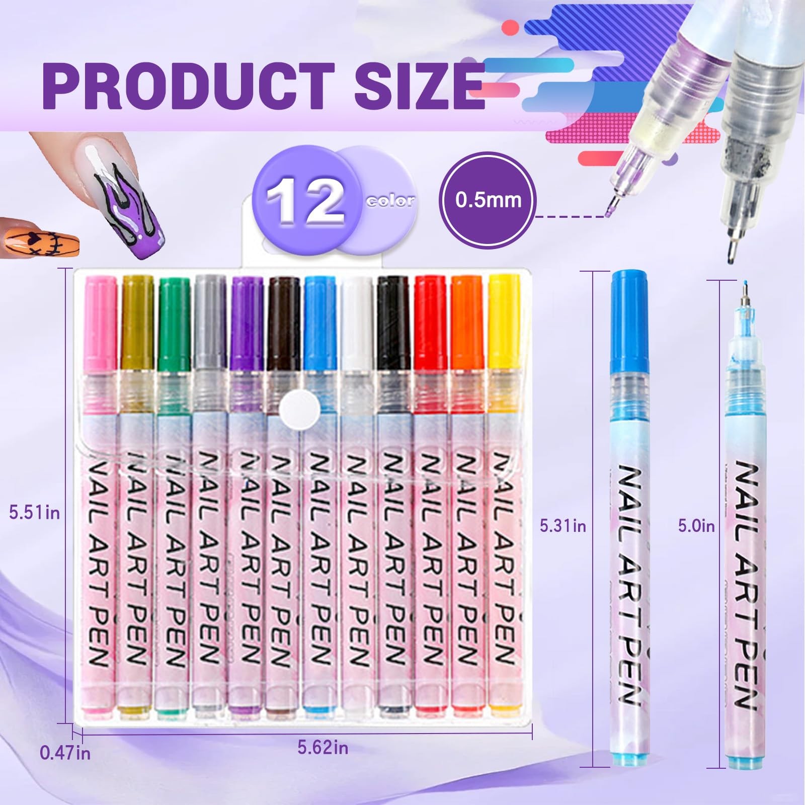 12 Color Nail Art Pens, 0.5 MM 3D Waterproof and Quick-drying for DIY Nails Art