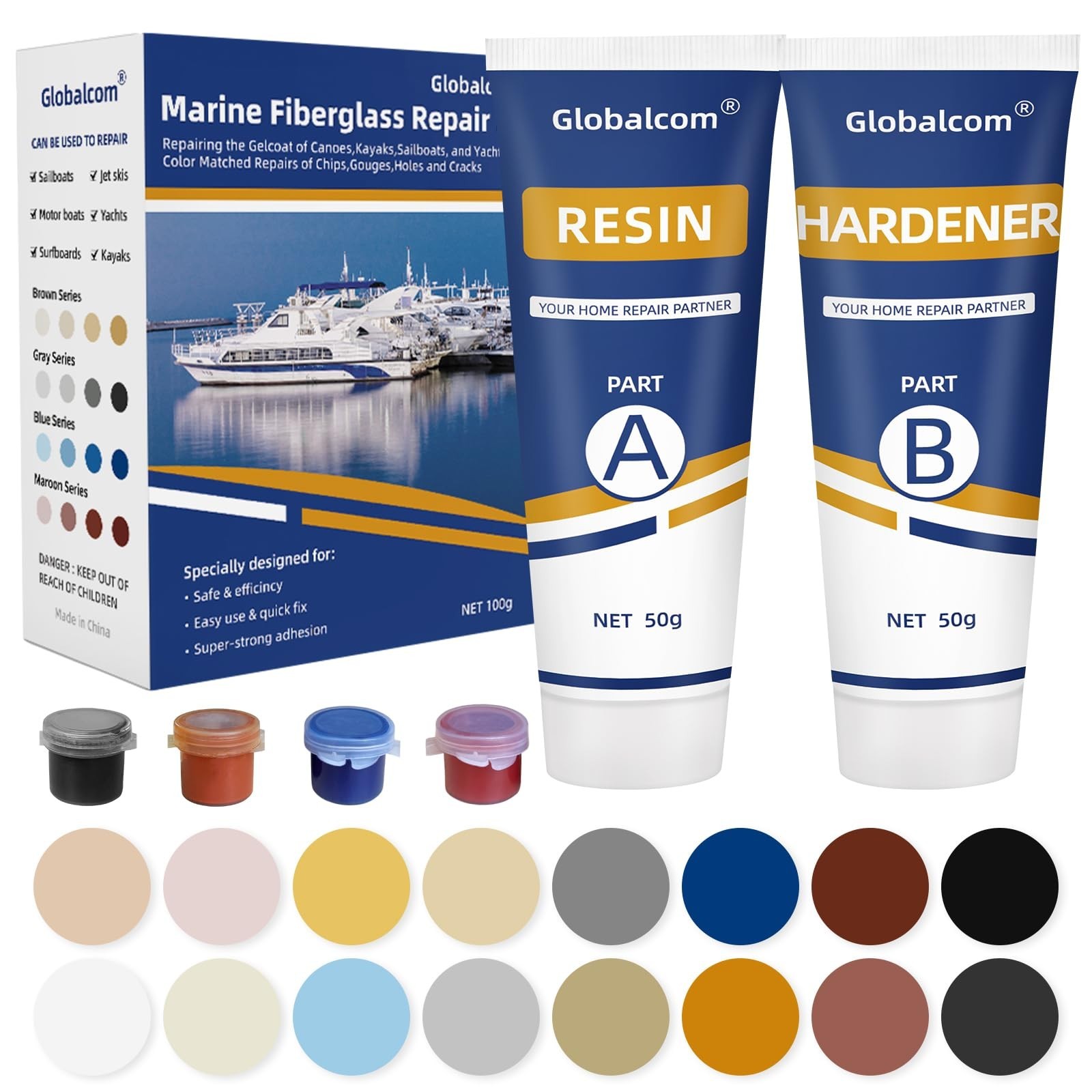 Globalcom Fiberglass Boat Repair Kit, (Color Match) Gel Coat Repair Kit for B…