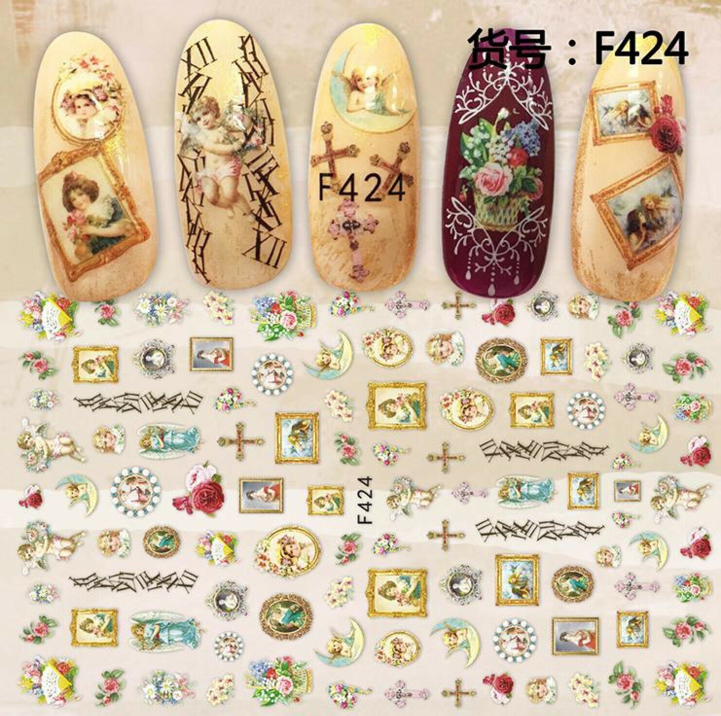 Nail Art Stickers Transfers Angels Cherubs Christian Cross Ornate Alphabet NS34