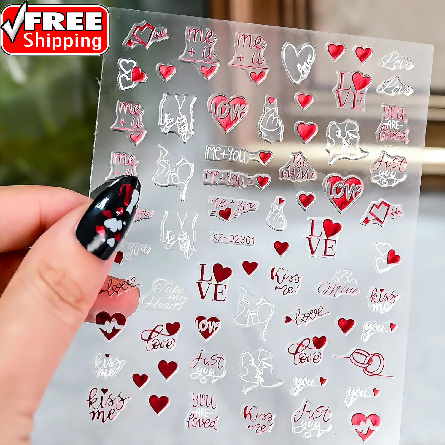 6 Sheets Valentine’S Day Nail Stickers, 3D Red & White Heart Nail Art Decals, Gl