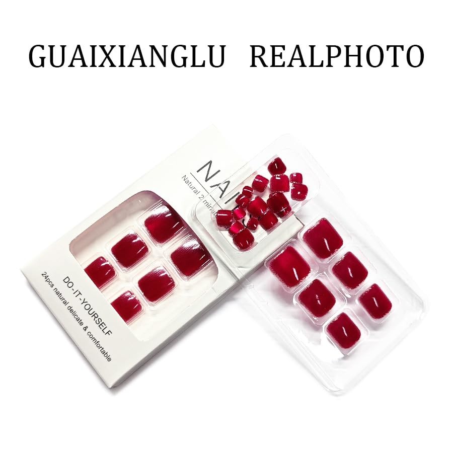 Wine Red Press on Toenails Short Square Fake Toe Nails Red Cat Eye Style 3