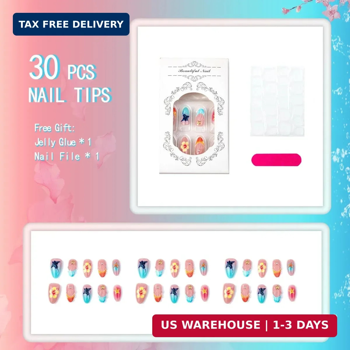 Summer Press on Nails – Short Almond Fake Nails with Seashell,Starfish Design,Co
