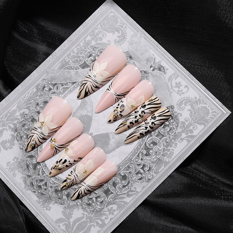 24pcs-Nude Pink Almond Nails with 3D White Flowers and Mixed Animal Print Tips