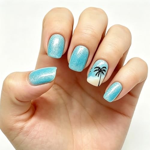 Summer Press on Nails Short Square Fake Nails Beach Coconut Tree False Style 26