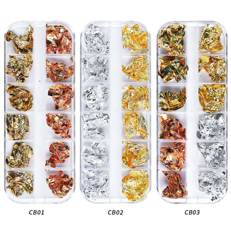 12 Grids Nail Art Gold Silver Foils Paillette Chip Flakes Wraps Decor Nails Tips