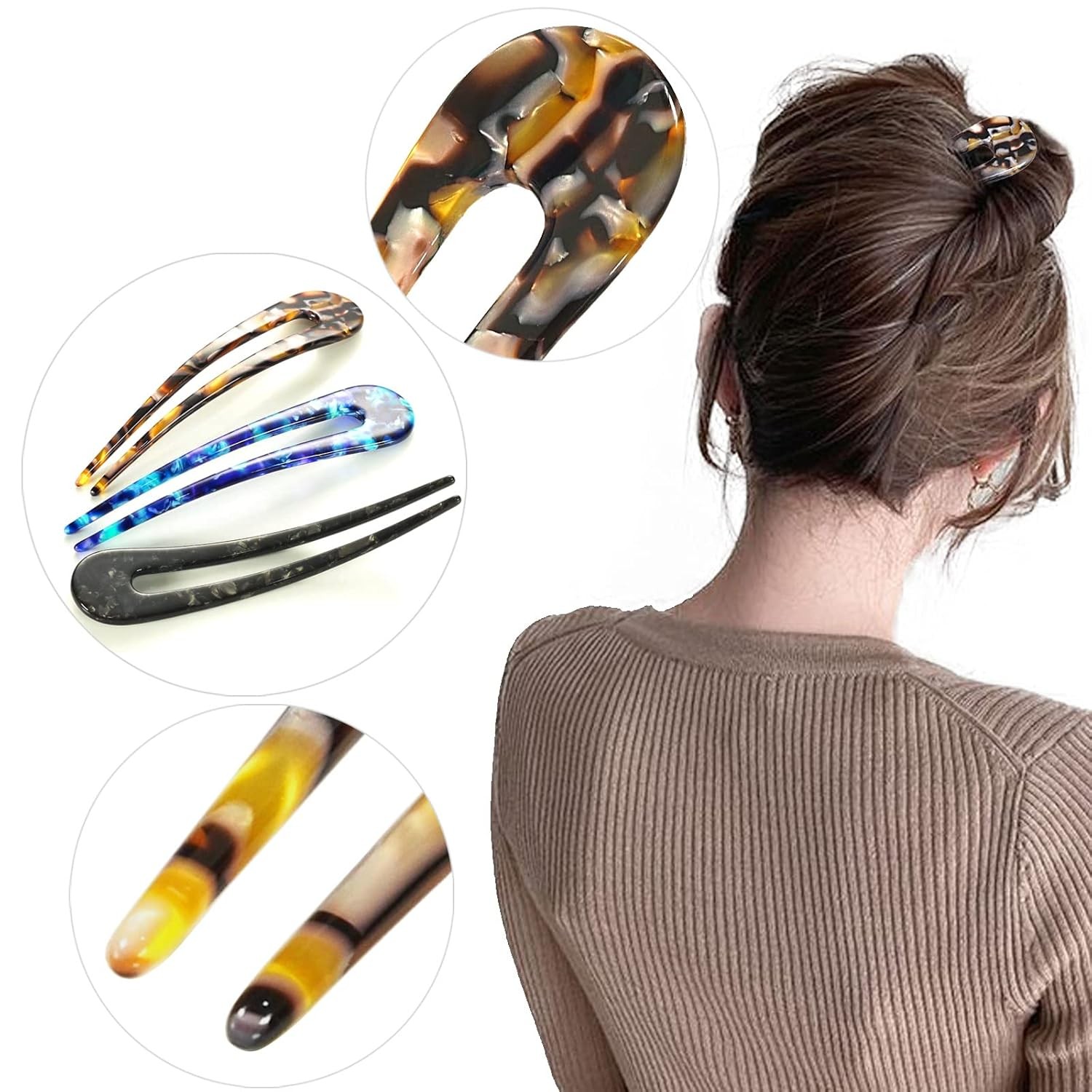 French Hair Forks Tortoise Shell U Shape Updo Pins Blue, Brown, Black