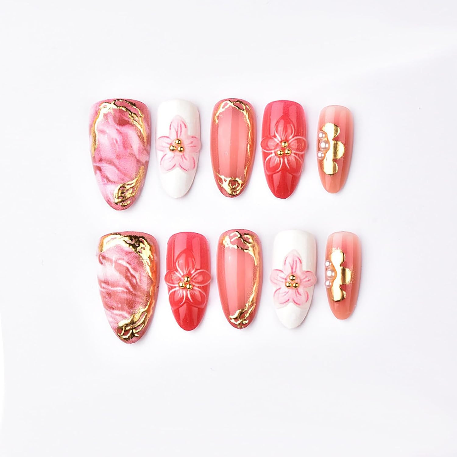 30Pcs Pink Flower Press on Nails Handmade Almond Fake Nails with 3D Flower Gildi
