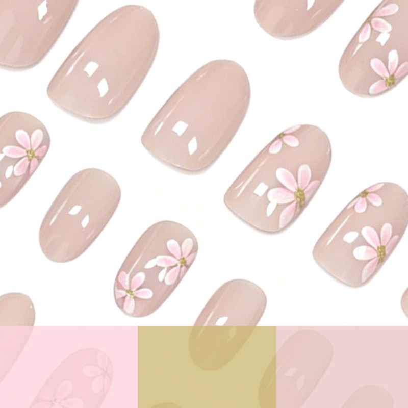 48pcs Short Round Press on Nails, Nude Pink Tiny Daisy Casual Daily Nails