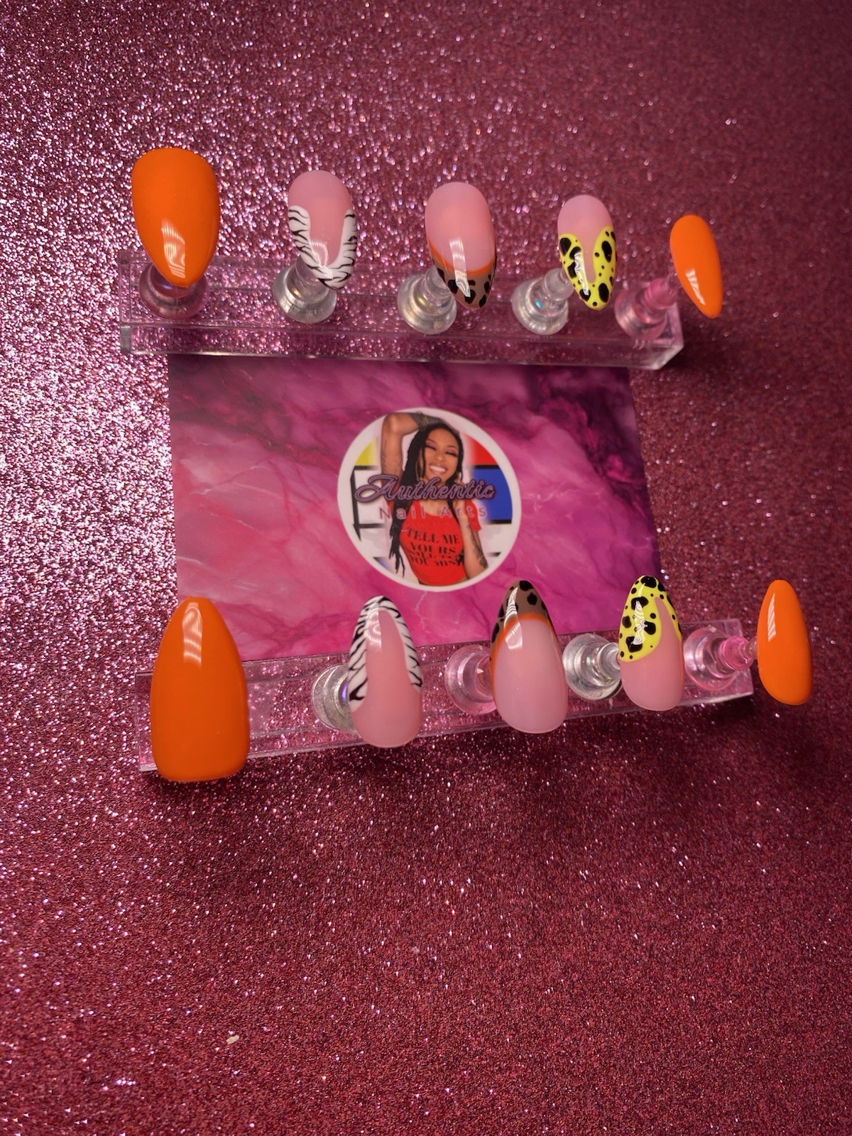 Authentic Nail Arts by Dia Almond Press-On Nails Orange Pink Animal Print Set