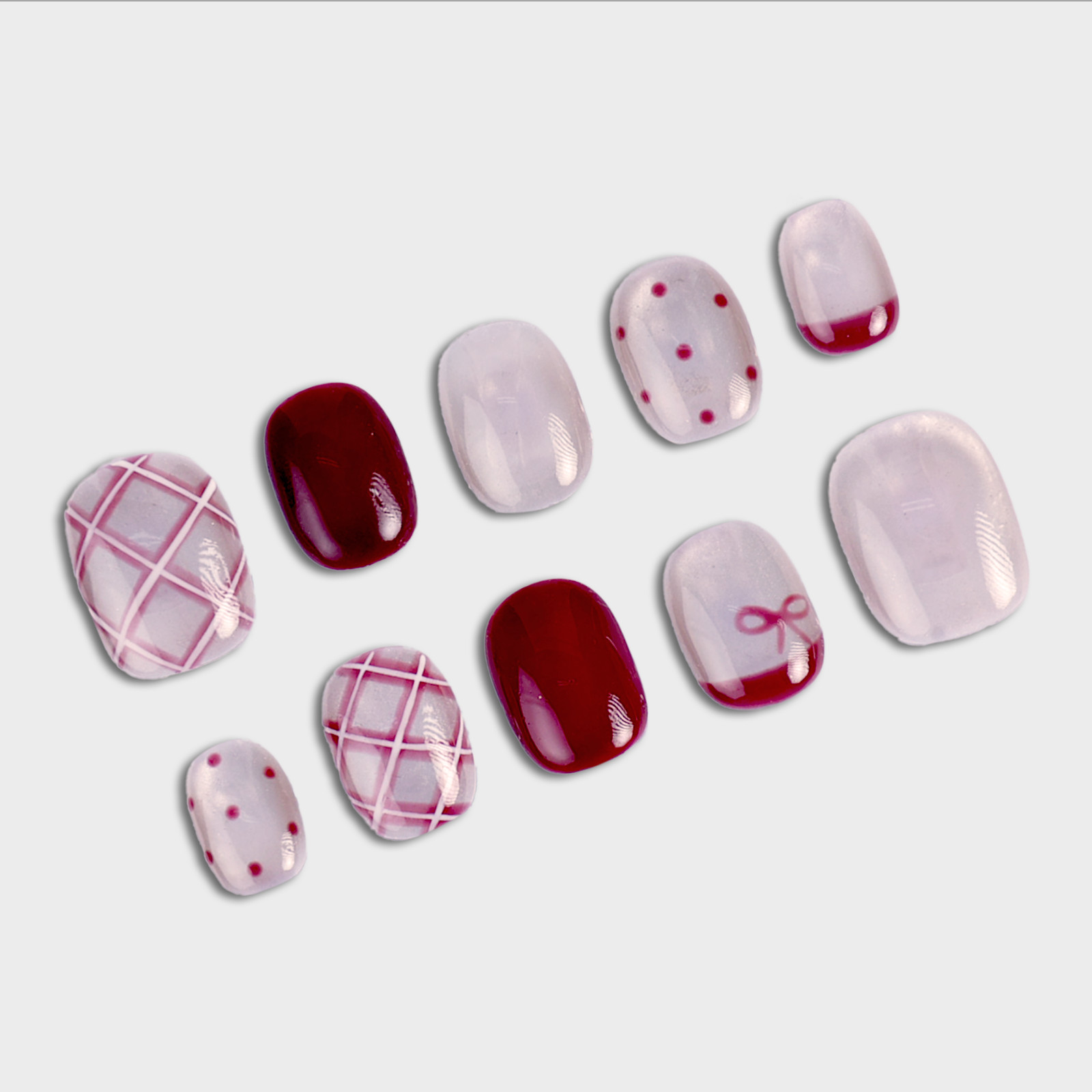 SIYOU Bordeaux Bow Short Squoval Crimson Wine French Press-On Nails 10pc