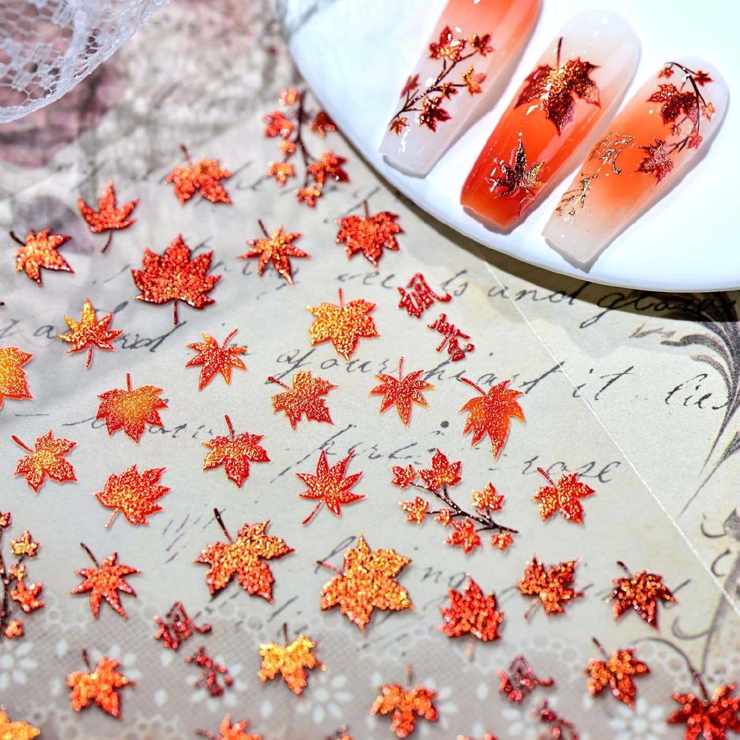1 Sheet 5D Embossed Autumn Maple Leaves Nail Stickers for Nail Art Thanksgiving