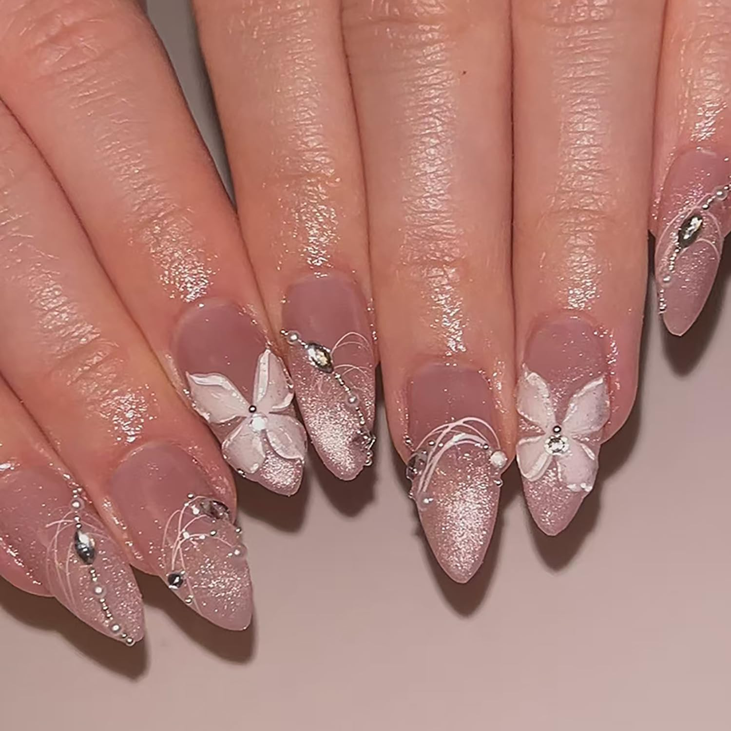Dark Purple Gradient Press on Nails Medium Almond Shaped Purple Feather Pattern