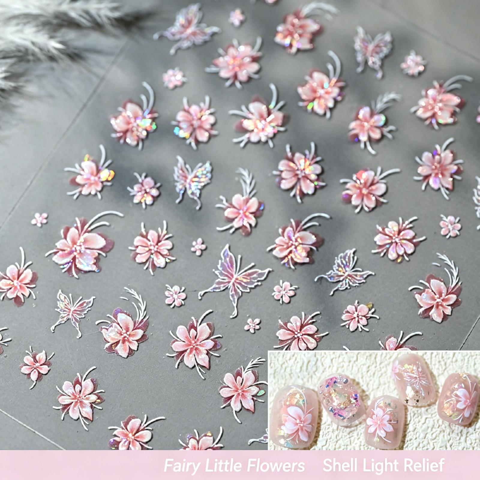 Popular Spring Pink Small Flower Nail Stickers New Fairy Embossed 3D Five-Petal