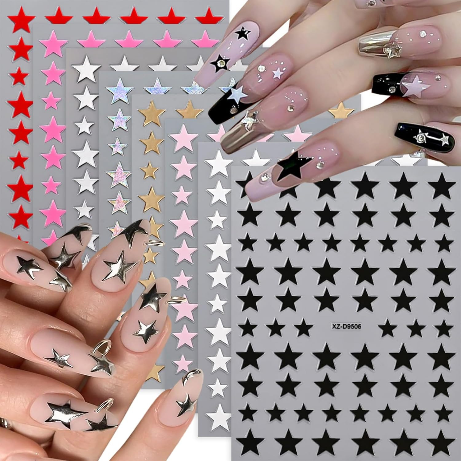 12 Sheets Silver Nail Art Stickers, 3D Self-Adhesive Bronzing Sun Moon Stars Bow