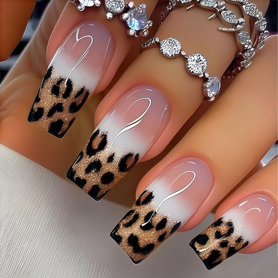 48p-Press on Nails Nude Gold Ombre Leopard Print Glitter French Tip Long Square