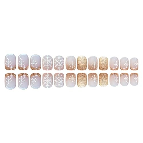 Short Square Press on Nails Winter Snowflake Acrylic Nails Glitter Gold Style 4