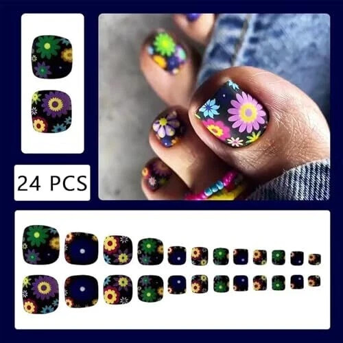 24 Pcs Summer Flowers Press on Toenails Short Square Black Colorful flowers