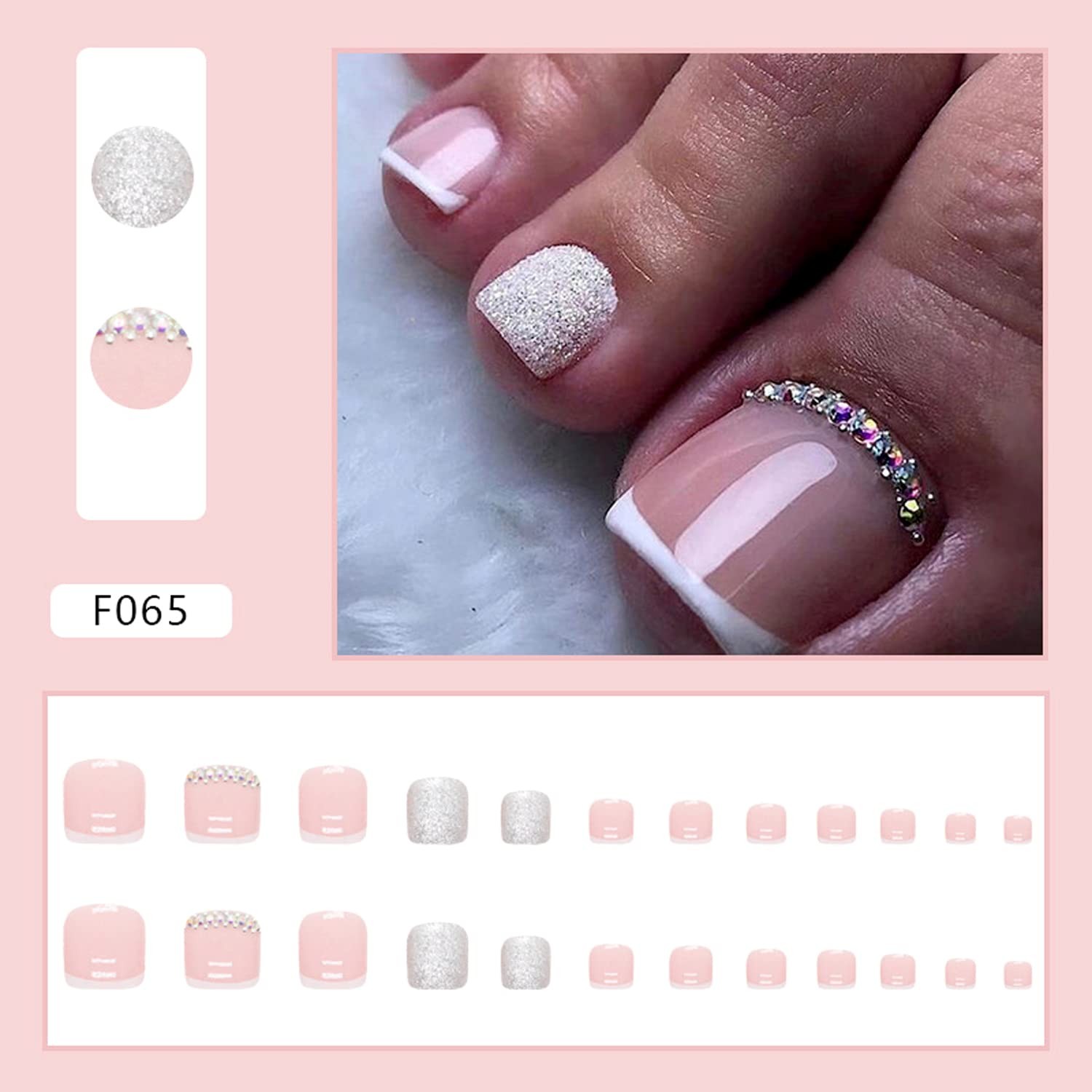 French Tips Press on Toenails,Square White Tips False Toe Nails Glitter Rhine…
