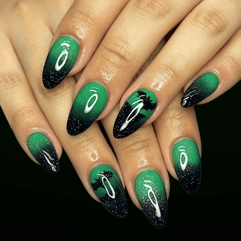 48Pcs-Long Almond Green Black Gradient Bat Glitter Press on Nails Set
