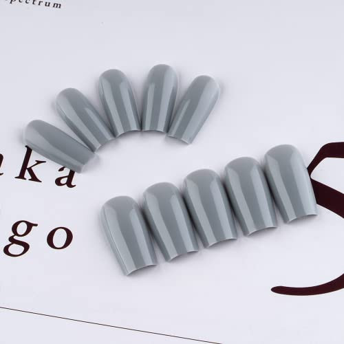 Dark Grey Press on Nails Medium Long Square, Acrylic Fake glossy dark grey